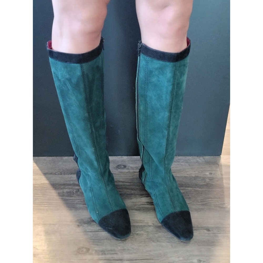 Charles Jourdan Bis Green‎ Suede Lace Up Back Tall Boots Cap Toe Flat Spain 8.5